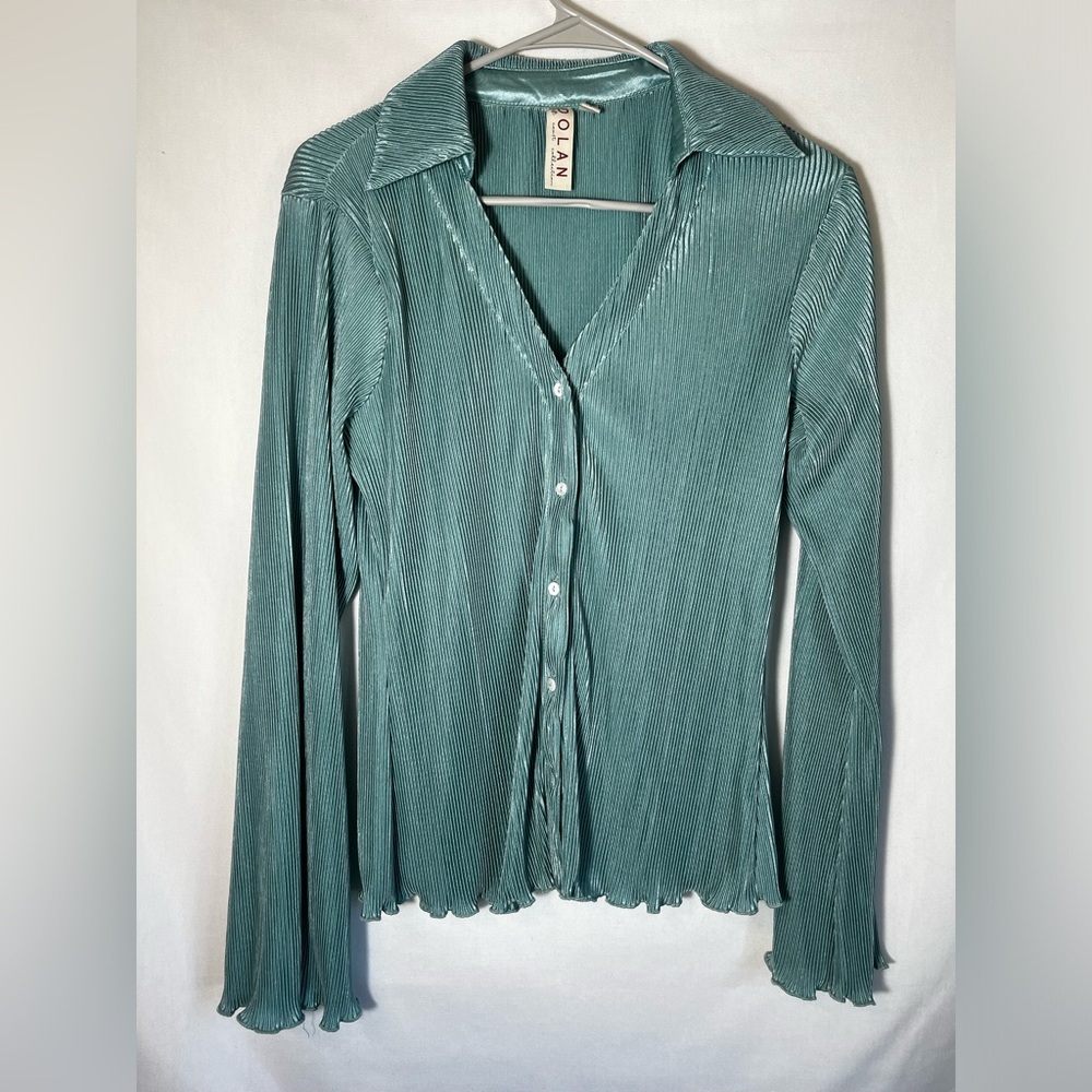 Dolan Anthropologie Accordion Bell Sleeve Lettuce Hem Button Down Top Size S